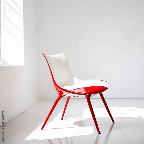 Red Modern Chair in Minimalist White Room with Sunlight  