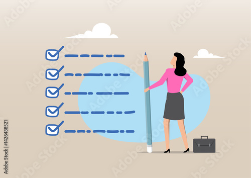 A confident businesswoman holding a giant pencil while standing next to a completed checklist