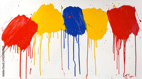 of vibrant red, yellow, and blue paint splattered across a textured white canvas, creating a dynamic and chaotic feel 