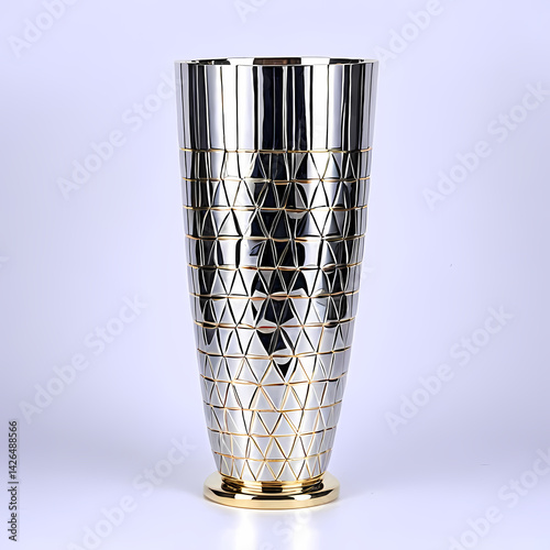 Sleek Silver Vase with Geometric Design 