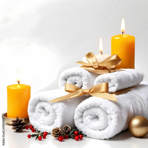 Spa treatment set with candle, oil, towel and festive decorations on white background.  