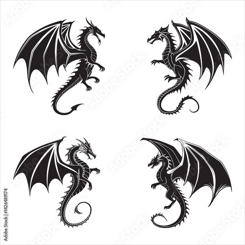 Dragon Set Silhouette with Spread Wings and Serpentine Body – Gothic Style Mythical Creature in High Contrast Vector Art