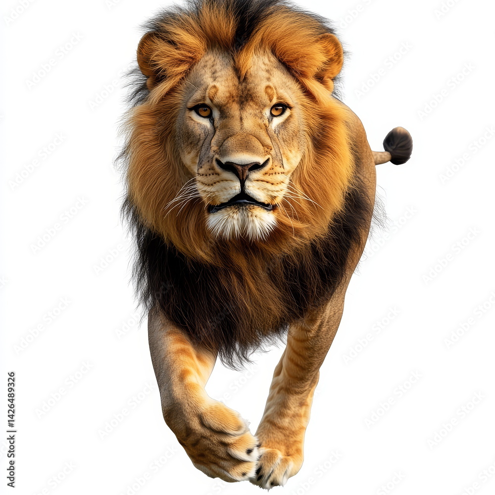 Majestic Lion in Motion Against a White Background Majestic Lion in Motion Against a White Background