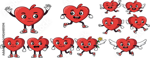 Cartoon heart characters. Mascot hearts constructor, sticker with hand and leg, organ with emotion face, valentine love emotions. Poses and expressions character.