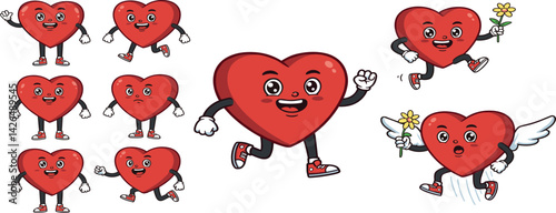 Cartoon heart characters. Mascot hearts constructor, sticker with hand and leg, organ with emotion face, valentine love emotions. Poses and expressions character.