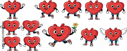 Cartoon heart characters. Mascot hearts constructor, sticker with hand and leg, organ with emotion face, valentine love emotions. Poses and expressions character.