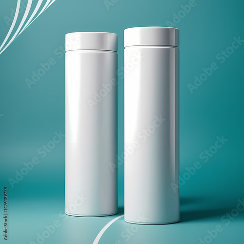 Two white cylindrical containers on teal background with white lines radiating outwards, leaving ample copy space.  