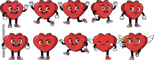 Cartoon heart characters. Mascot hearts constructor, sticker with hand and leg, organ with emotion face, valentine love emotions. Poses and expressions character.