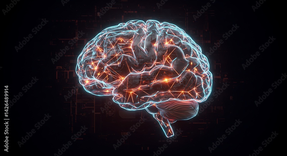 Glowing brain illustration showing neural network connections for artificial intelligence Glowing brain illustration showing neural network connections for artificial intelligence