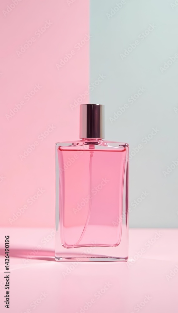 Minimalistic design of a pink perfume bottle against soft pastel backdrop, pastel, pink, fragrance Minimalistic design of a pink perfume bottle against soft pastel backdrop, pastel, pink, fragrance