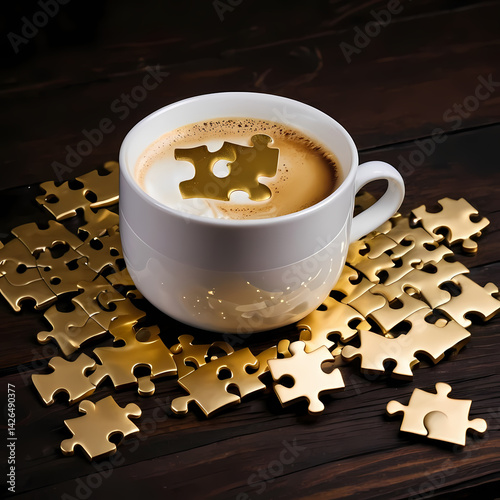 White Coffee Cup on Gold Puzzle Pieces on Dark Wooden Table  