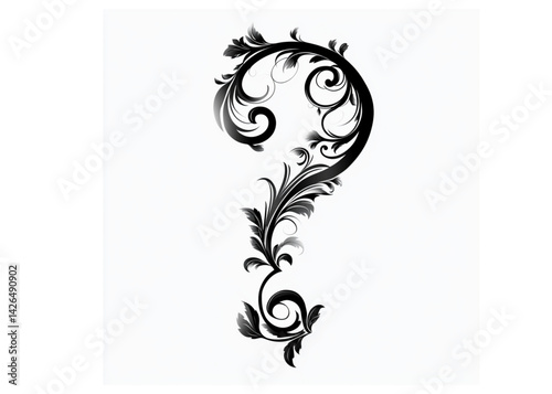 Detailed Botanical Question Mark, Vintage and Artistic, Black and White Sketch