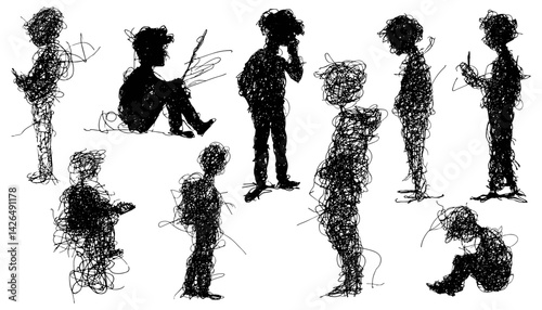 Drawn figures in scribbled, expressive line art showing various postures, transparent background