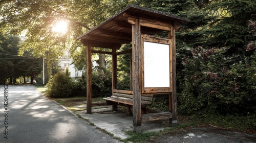 Rustic wooden bus stop sheltered by a canopy in a park-like setting.
