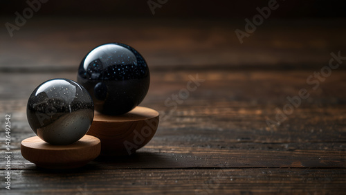Spheres in Balance on a Dark Wooden Plank Background