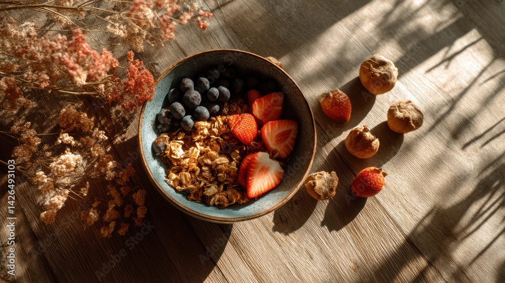 Fototapeta premium Colorful breakfast bowl with granola, berries, and fruit.