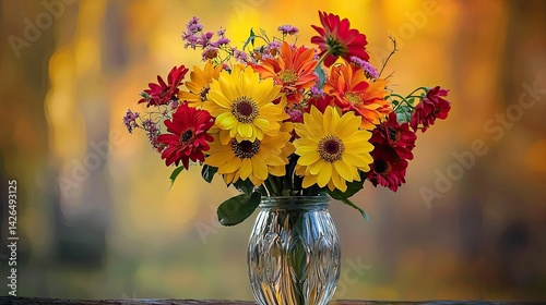 A vibrant autumn floral arrangement in a glass vase, with soft golden light filtering through the background