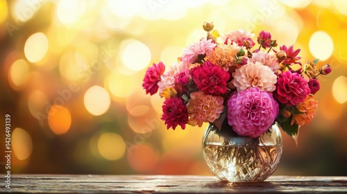 A vibrant autumn floral arrangement in a glass vase, with soft golden light filtering through the background