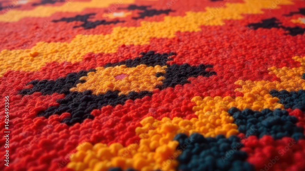 Fototapeta premium vibrant textured rug with geometric pattern in warm red, yellow, and black tones. home decor, interior design, cozy ambiance, traditional handmade craftsmanship.