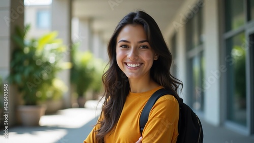 Wallpaper Mural Young smiling latin girl college student or teacher looking at camera standing in university campus. Happy hispanic millennial woman professional posing in modern coworking creative office space. Torontodigital.ca