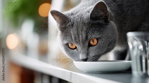 Gray British shorthair cat drinking from a small white bowl.