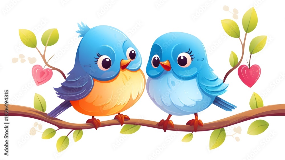 Adorable vector illustration of two birds in love perched on a branch Adorable vector illustration of two birds in love perched on a branch