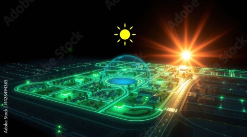 Futuristic city protected by a dome shield with glowing green streets