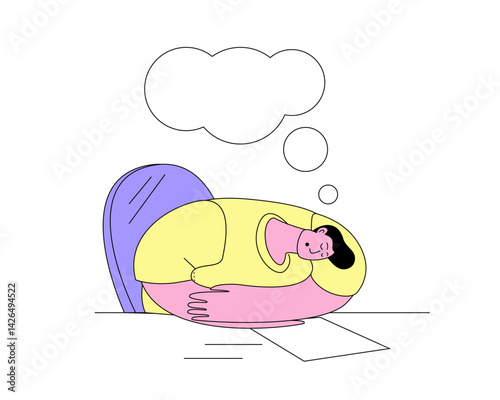 Tired man sleeping at work. Vector illustration in outline style on the theme of workaholism and fatigue.