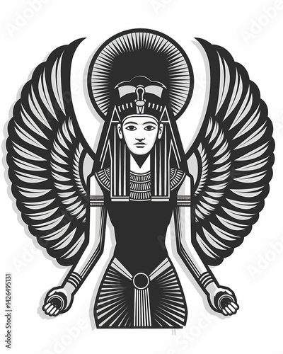 Ancient Egypt Goddess Illustration: Winged Deity, Black and White Vector