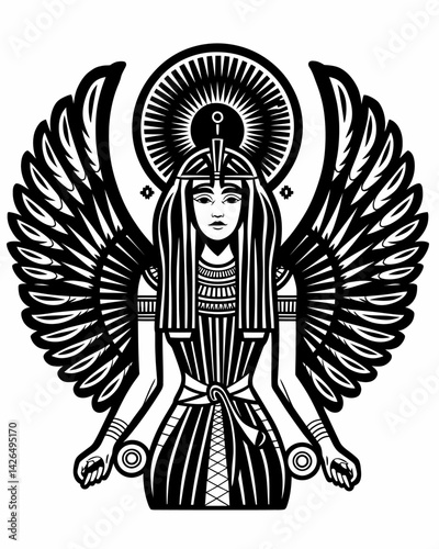 Egyptian Goddess Vector Illustration: Wings, Ancient Symbol, Mythological Deity