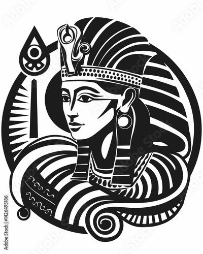 Intricate Pharaoh Portrait: Striking Black and White Ancient Egyptian Design