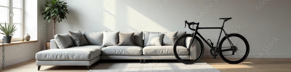 Fototapeta premium Minimalist living room showcasing grey sectional sofa and black fixie bike, trendy, contemporary, apartment