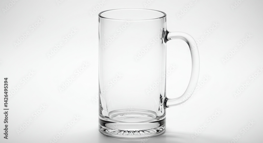 A clear glass beer mug with handle on a white background A clear glass beer mug with handle on a white background