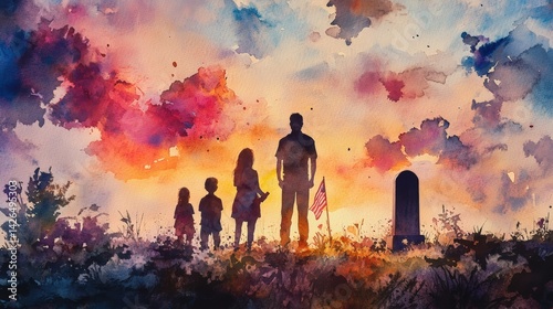 Mourning Family at Soldier's Grave Emotional Watercolor Painting of Grieving Scene with Folded Flag and Pastel Sunset Sky