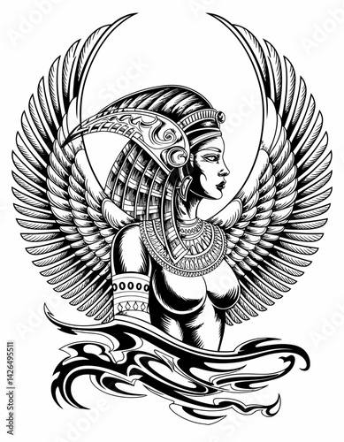Egyptian Queen with Wings in Detailed Engraving Style, Cleopatra Graphic