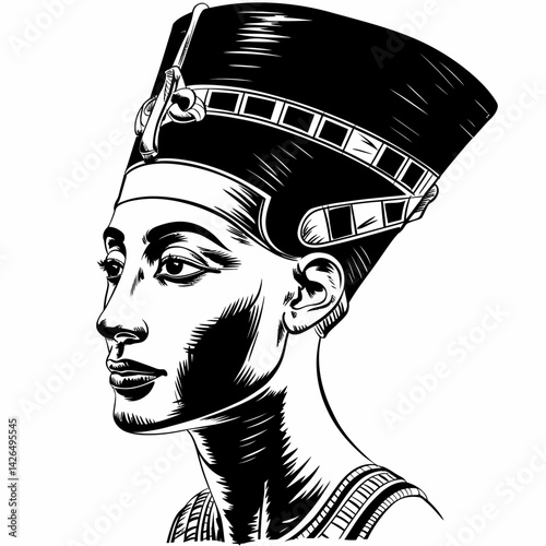 Nefertiti: Ancient Egyptian Queen in Black and White Illustration