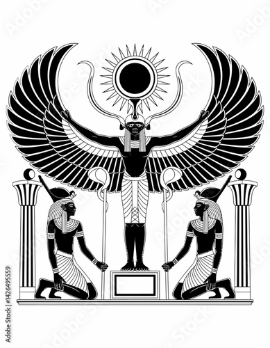Ancient Egyptian Horus Illustration: Black & White Deity Artwork with Hieroglyphs and Winged Sun