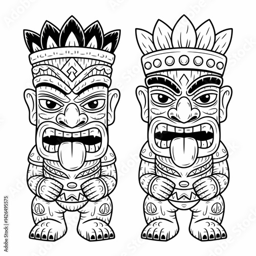 Two Monochrome Tiki Gods Carvings with Detailed Tribal Ornaments and Protruding Tongues