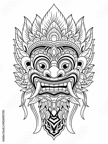 Detailed Black and White Balinese Mask Illustration for Coloring Pages or Cultural Designs