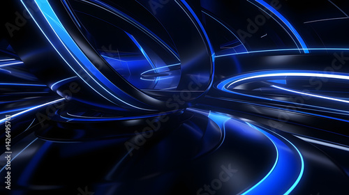3d rendering of black and blue abstract geometric background. Scene for advertising, technology, showcase, banner, game, sport, cosmetic, business, metaverse. Sci-Fi Illustration. Product display