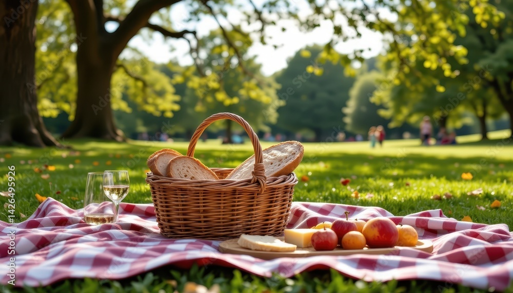 The picnic in the park features a classic blanket spread out under a sprawling tree, with a woven basket overflowing with freshly baked bread, assorted cheeses, crisp fruit The picnic in the park features a classic blanket spread out under a sprawling tree, with a woven basket overflowing with freshly baked bread, assorted cheeses, crisp fruit