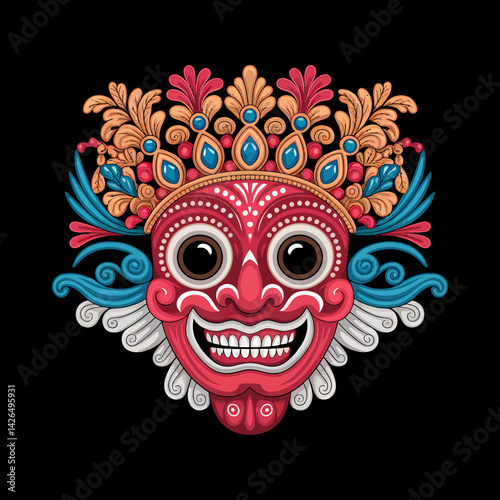 Colorful Balinese Mask Illustration - Intricate Indonesian Art Design on Black Background