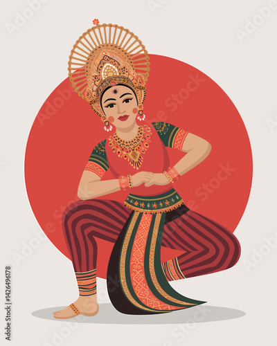 Traditional Balinese dancer illustration wearing intricate headdress and ethnic costume performing a cultural dance.