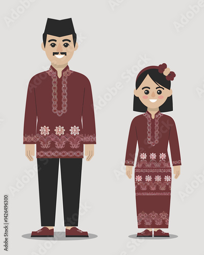 Traditional Malay couple in cultural attire. Muslim male and female in festive clothing. Celebrating Malay heritage. Flat vector illustration.
