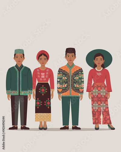 Diverse characters wearing traditional Southeast Asian clothing, culture, style, elegance