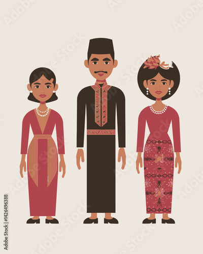 Indonesian Traditional Dress Illustration: Vector Family in Ethnic Attire