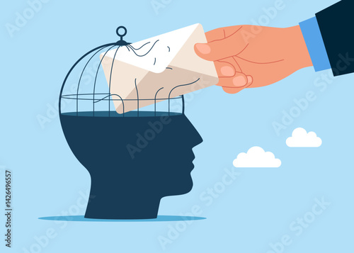Hand businessman takes out an envelope with a notification from an out the cage on head human. Online data freedom. Email marketing campaign, subscription newsletter or digital advertising. Vector