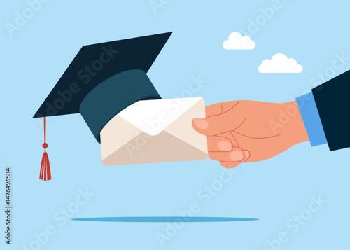 Invitations. Envelope wearing academic mortarboard hat. Education curriculum, overseas school, college and university. Flat vector illustration