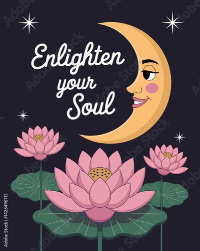 Enlighten Your Soul: Crescent Moon, Lotus Flowers, and Starry Night Illustration