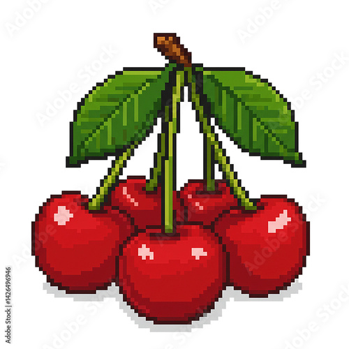 Pixel art illustration of a ripe red cherry with a green leaf, a sweet and juicy summer fruit